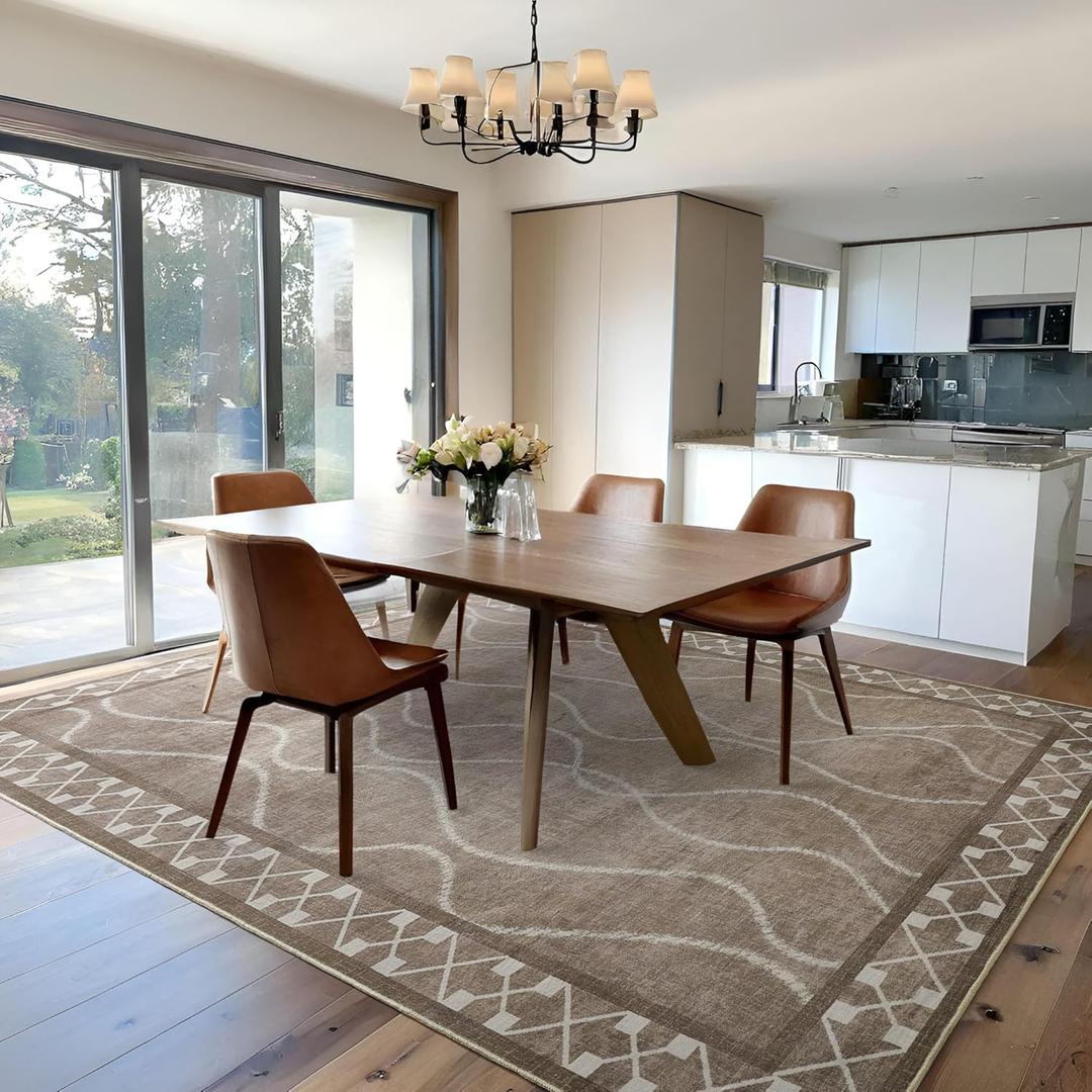 Washable Area Rugs 8x10, Non-Slip Rugs for Living Room Bedroom, Low Pile Large Soft Alfombras, Modern Bordered Home Floor Rugs for Kids Playroom Office Dining Room Farmhouse, Brown