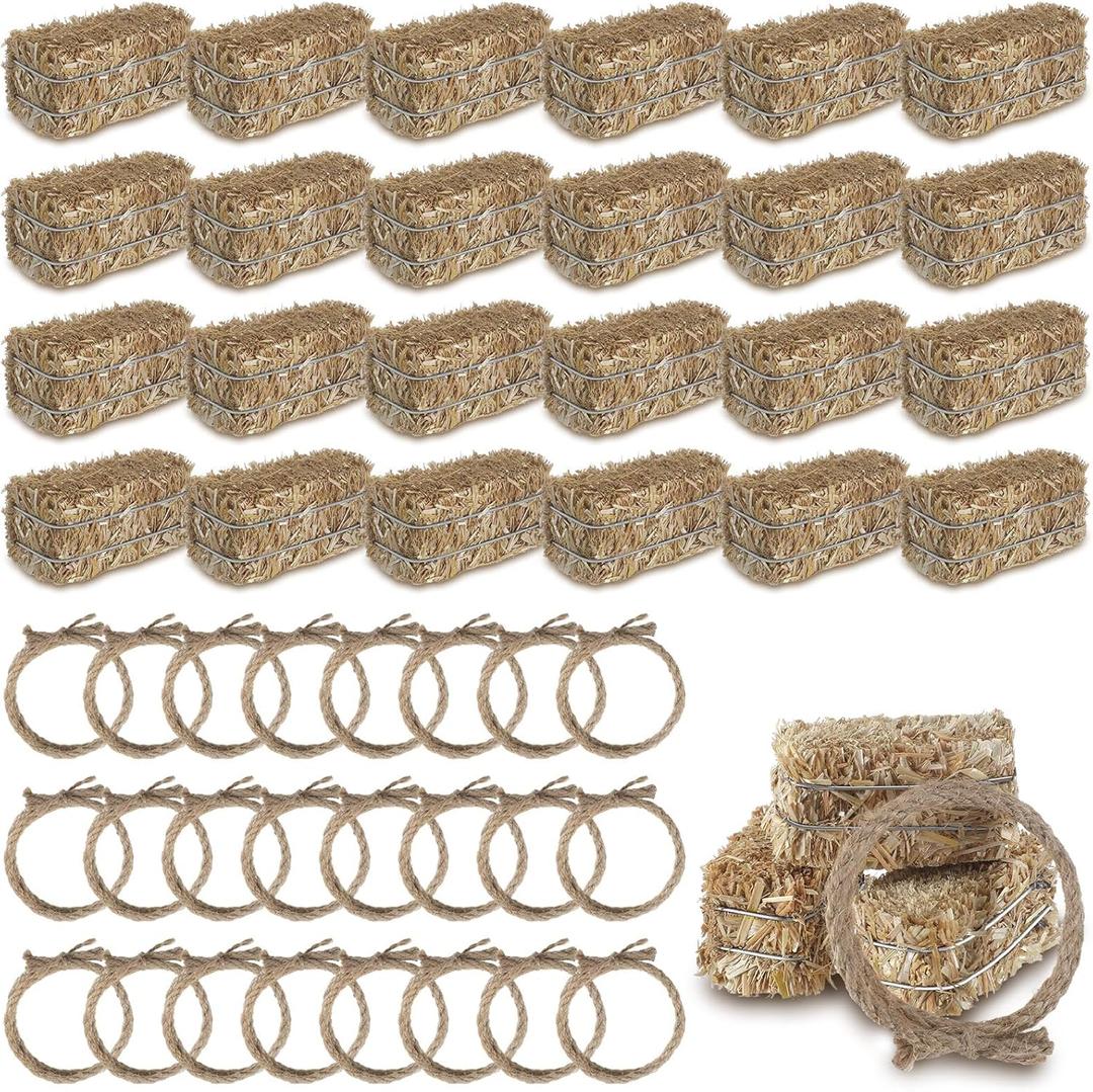 Conelist 24 Pcs Western Themed Party Decorations 12 Mini Decorative Hay Bales with 12 Twisted Hemp Rope for Cowboy Table Centerpieces Horse Rodeo Fall Harvest Craft, 1.2 x 2.6 x 1.2 Inch Each