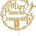 4 x Mi Primera Comunin Cake Topper, Spanish First Holy Communion, Religious Baptism, Christening Baby Shower 1st Birthday Party Decorations Supplies, Gold Glitter