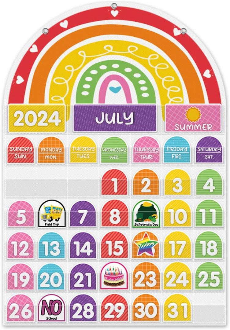 Mewise Rainbow Calendar Pocket Chart for Classroom & Home with 96 Activity Cards-Daycare Learning/Preschool/Homeschool/Focus Board/Classroom Decor Calendar/Early Learning (English)