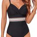 Smismivo Women's Color Block One Piece Swimsuit Tummy Control V Neck Bathing Suits Ruched Slimming Swimwear, M