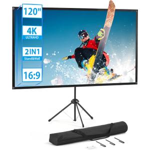 Projector Screen and Stand, Portable Projector Screen, 120 Inch 16:9, Outdoor Projection Screen, 1.2 Gain, 160 Degree View Angle, 2 Mounting Modes, Fast Setup, Idea for Home Cinema, Backyard Party.
