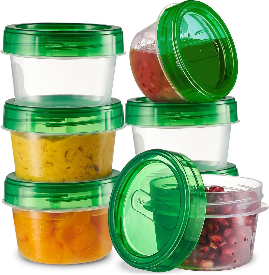 PLASTICPRO 12 Pack Twist Cap Food Storage Containers with Green Screw on Lid- 4 oz Reusable Meal Prep Containers - Small Freezer Containers Microwave Safe Green Plastic Food Storage