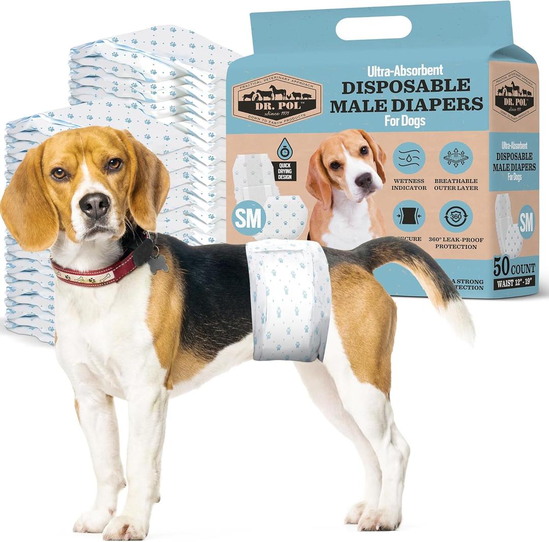 Dr Pol Dog Diapers for Male Dogs | Disposable Pet Diapers with Wetness Indicators | Adjustable Fit | Leak Protection & Super Absorbent | Perfect for Heat Cycles & Training Accidents | Pack of 50 (SM Waist Size 12 - 19 in)