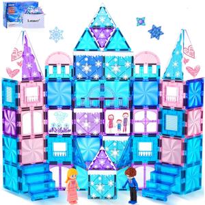 Diamond Magnetic Tiles Set 145PCS with Magnetic Doodle Kit, 3D Blocks Magnet Toys for Girls 3 4-7,8-12, Stem Toys Princess Castle Include 2 Stairs 2 Dolls Decals Stickers,3 4 5 6 7 8+ Girls Xmas Gift