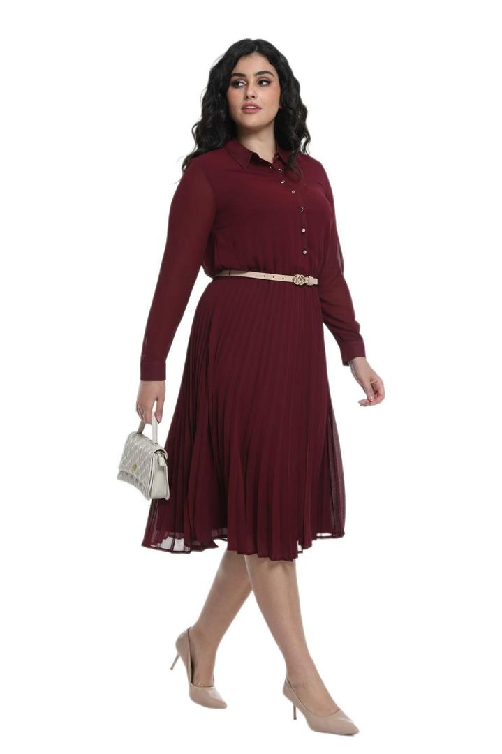 Business Casual Shirt Dress for Women Long Sleeves Pleated Midi Dresses with Belt, Burgundy, XS