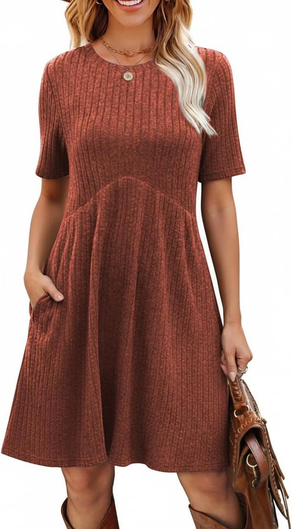 Ulovmi Women's Summer Casual Flowy A-Line Dresses Short Sleeve Ribbed Knit Swing Dress T-Shirt Sundress with Pockets (Orange, XL)