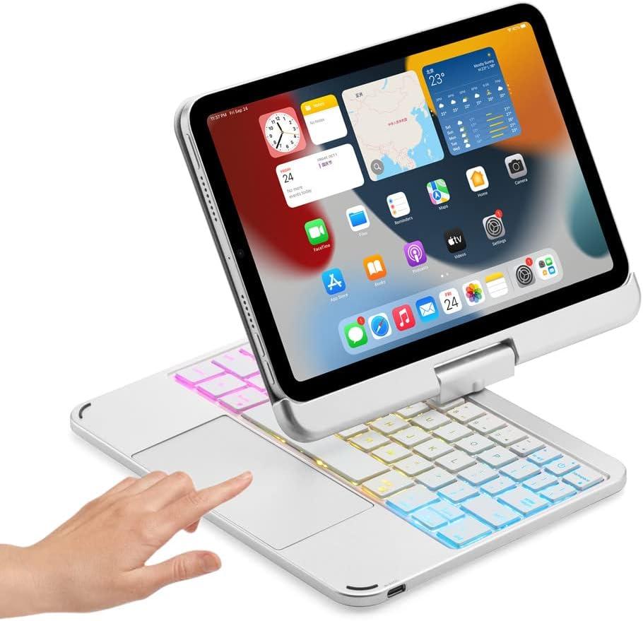 Magnetic 360 Rotating iPad mini A17 Pro 2024/ iPad mini 6 Keyboard Case Touchpad 7 Colors Backlit Keyboard Rotatable Slim Folio Keyboard Cover (Silver)