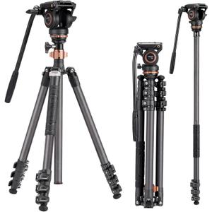 Cayer CF2451 Carbon Fiber Tripod Kit, 75 inches Video Tripod Leg with Fluid Head, 4-Section Tube Stand Convertible to Monopod for DSLR Camera, Video Camcorder, Max Load 13.2lb