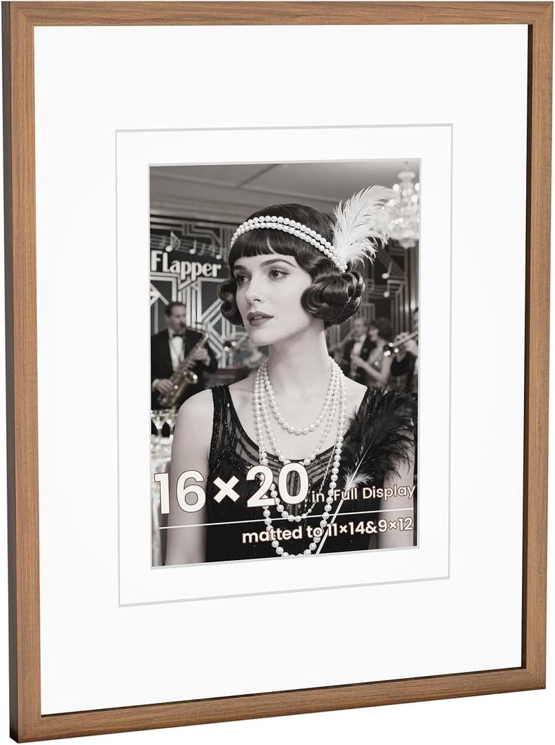 WILTYAPF 16x20 Solid Walnut Wood Picture Frame, HD Glass, Double Mat for 9×12 or 11×14 Photos, Premium Walnut Photo Frame, Vertical or Horizontal Wall Hanging or Leaning Display