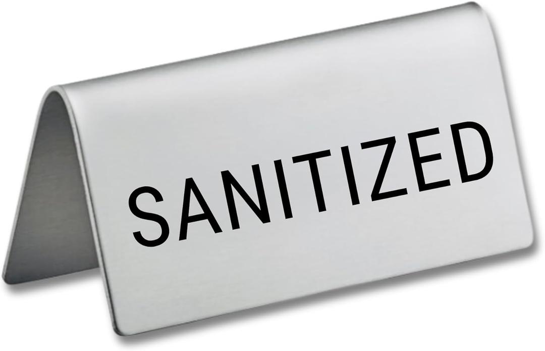 Sanitized Stainless Steel Metal Table Tent Sign - 3" x 1-1/2" - Table Top Setting for Restaurants, Catering Businesses, Business. Great for Wedding, Banquet, Buffet, Party, Events, To Label Sanitized