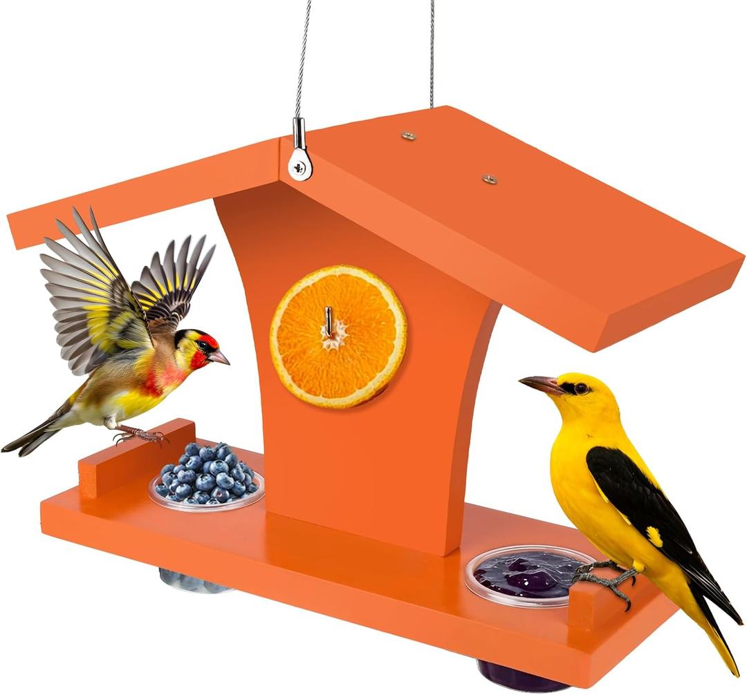 Oriole Feeder, Oriole Feeders for Outdoors, Wooden Feeder for Oriole Birds with Pegs for Orange Halves, 6 Removable Cups for Jelly or Jam,Fruit,Nectar or Seed, Orange