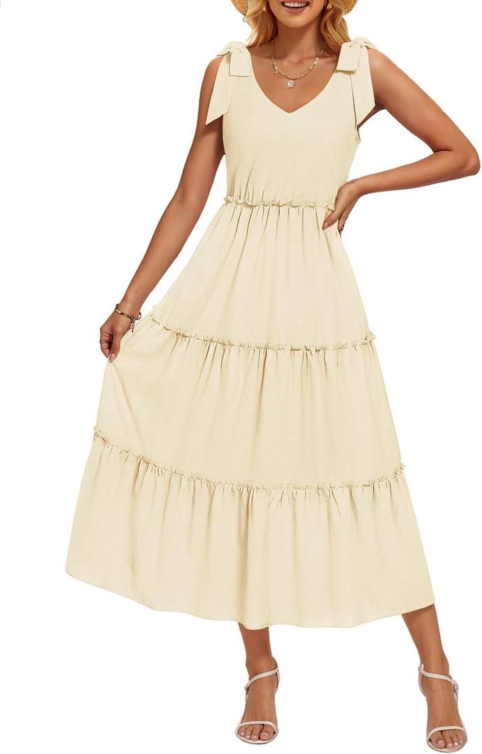 ZESICA Womens 2026 Summer Spaghetti Strap Midi Dresses Casual Tie Shoulder V Neck Flowy A Line Tiered Beach Long Dresses (Yellow, S)
