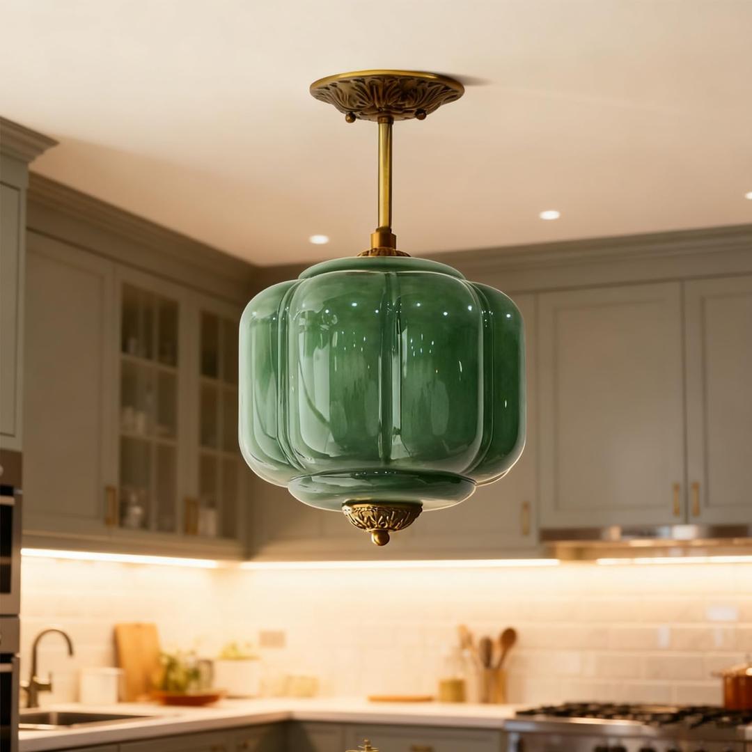 MIXL-Modern Milk Glass Ceiling Pendant Light,Semi Flush Mount Green Glass Ceiling Light Fixture,Art Deco Hallway Lighting Fixture,Antique Gold Pendant Lamp for Living Room Bedroom, 9.84 Inches