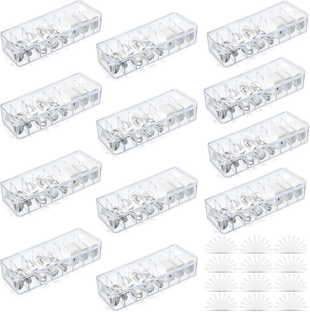Tatuo 12 Pcs Cable Organizer with 120 Wire Ties, Clear Plastic Cord Charger Storage Box with Clear Lid for Home Office Desk Organization and Accessories