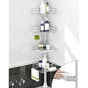 SElRIONE Corner Shower Caddy Tension Pole, Quick Setup, Rust-Free Bathroom Shower Organizer Corner for Bathtub Shampoo Storage, 4-Tier Adjustable Shelf, Drill Free, Fits 34 to 116 Inch Height