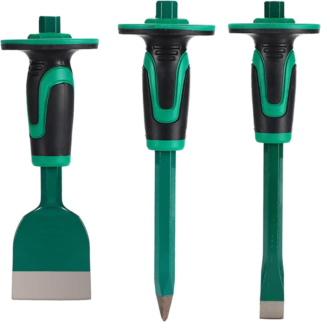 Heavy Duty Masonry Chisel Set,12 Inch Point and Flat Chisel, 9 Inch Brick Chisel With Hand Protector,for Demolition,Mason,Carving,Concrete (3 PCS Set)