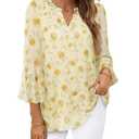 Timeson Womens 3/4 Sleeve Tops: Business Casual - Dressy Blouses for Women - Polyester Shirts for Women Cute Floral Ladies Top Loose Fitted Spring Tunics for Leggings Flowy Office Work Rose Yellow XL