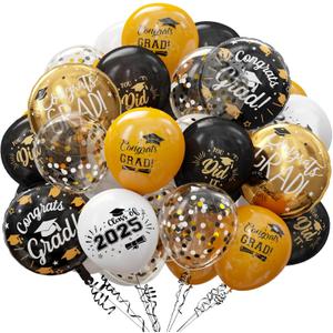 GuassLee Graduation Balloons for Class of 2025 - Gold and Black Grad Latex Confetti Balloons with Congrats Grad Foil Baloons and Ribbons for Graduation Party Decorations Supplies 60pcs