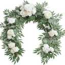 Floroom 6ft Artificial Eucalyptus Garland with Flowers Fake Greenery Faux Floral Vine Garland for Table Decor Wedding Centerpieces Bridal Shower Party Decorations, Ivory White