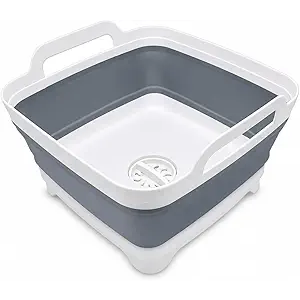 2.4 Gal(9L) Collapsible Dish Basin with Drain Plug, Space Saving Outdoor Multiuse Foldable Sink Tub, Dishpan, Kitchen Storage Tray for Camping, Vegetable Washing, RV (Gray)