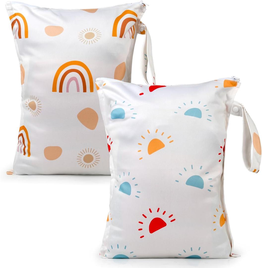 Waterproof Wet bags for Baby,Travel,Swim Suit,Cloth Diapers,Pump Parts,Pool,Beach,Gym Clothes,Toiletry,Hook to Stroller,Daycare,Zipper Reusable Wetdry Packing Pouch-Sun,Rainbow