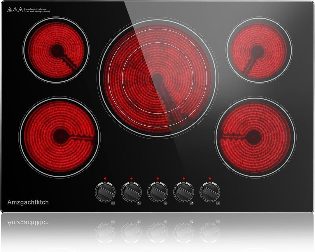 30 Inch Built-in Electric Cooktop with Expandable Triple Ring Burners, 5 Burner 9000W Ceramic Stove Top - Easy Knob Controls & Residual Heat Indicator (220-240V Hardwired)