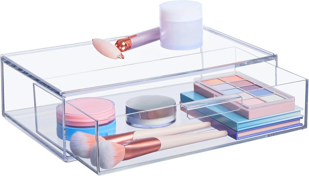 STORi Audrey Stackable Clear Bin Plastic Organizer Drawer | Organize Eyeshadow Palettes, Cosmetics, and Beauty Supplies on a Vanity | Made in USA