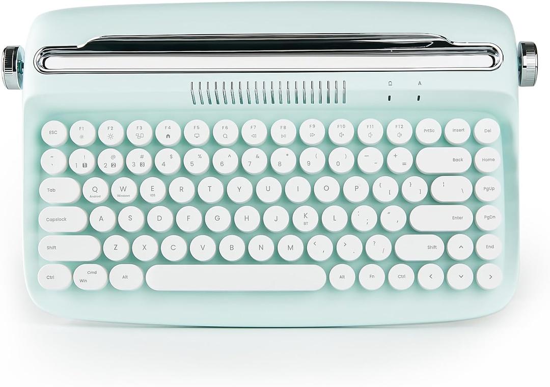 YUNZII ACTTO B303 Wireless Typewriter Keyboard, Bluetooth Connection, Cute Retro Aesthetic Design with Integrated Stand for Tablet, Phone, PC and Win/Mac/Android (B303, Sweet Mint)
