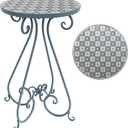Vintage Outdoor Side Table Round Mosaic Ceramic Tile Top 14" Diameter Metal Plant Stand for Flower Pots Vase Garden Home Porch Pool Indoor Decor Weather Resistant Outside Patio Accent End Furniture, 14" diameter x 22.44" H