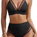 Blooming Jelly Womens High Waisted Bikini Tummy Control 2 Piece Bathing Suit Mesh Modest Two Piece 2026 Swimsuit (Large, Black)