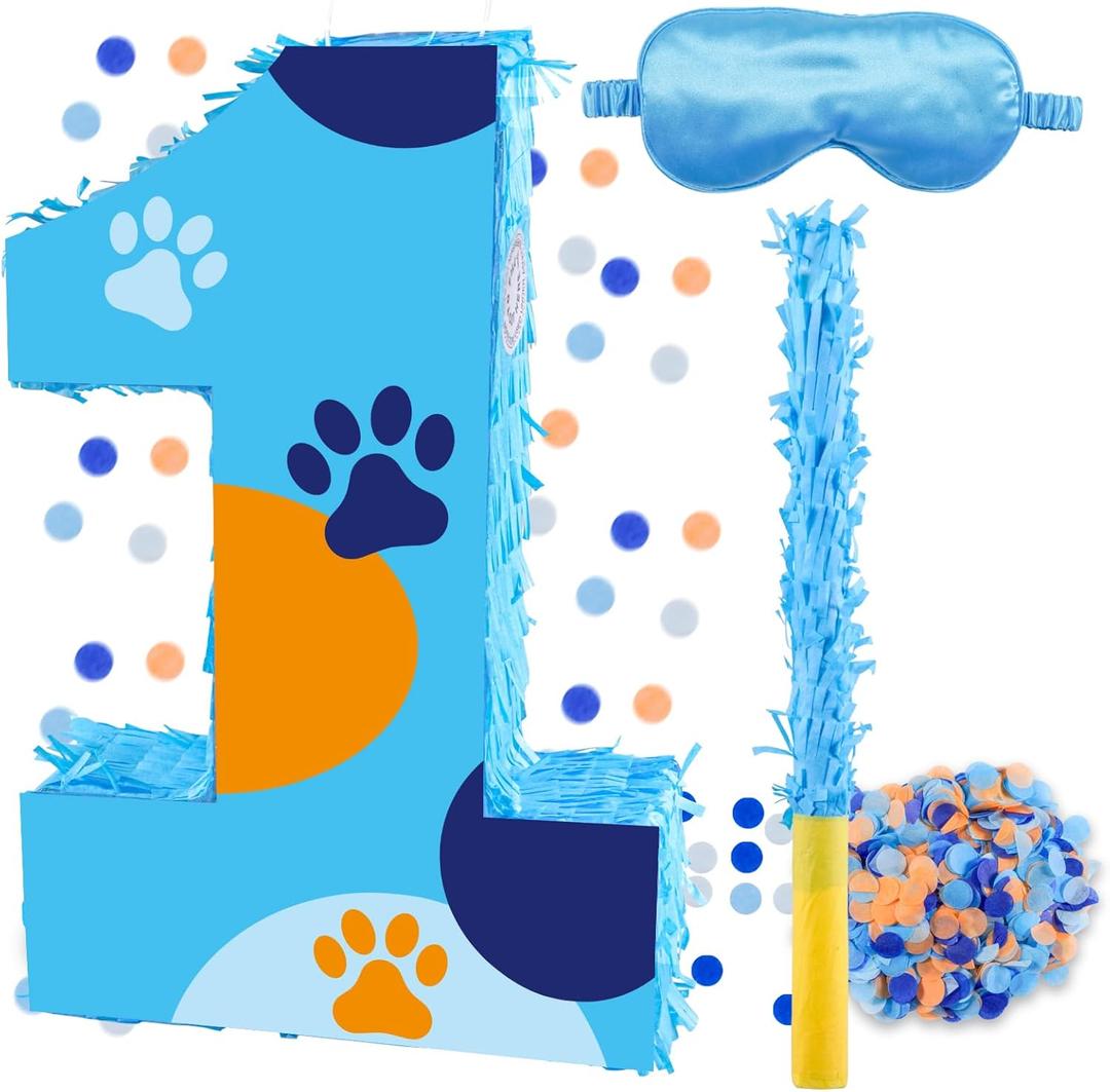 16 Inch Number 1 Dog Paw Pinata with 16 Inch Piata Stick Blindfold Confetti for Boy Girl Kids 1st Birthday Party Decorations (1st)