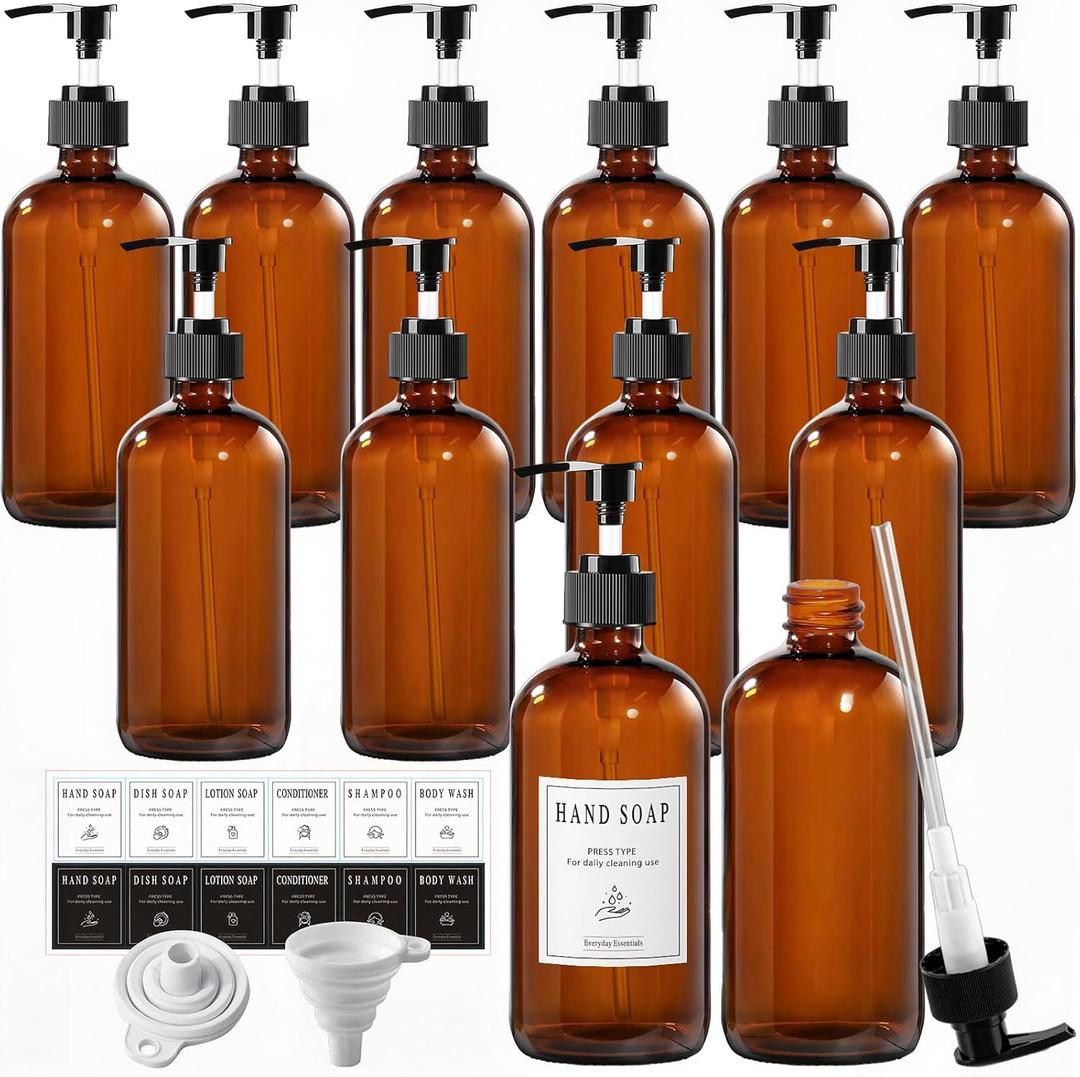TBWIND 12 Pack Amber Glass Bottles 16oz with Pump Dispensers, Refillable Empty Pump Bottles for Bathroom, Kitchen, Shampoo, Soap, Lotion  Includes 2 Funnels & 12 Labels