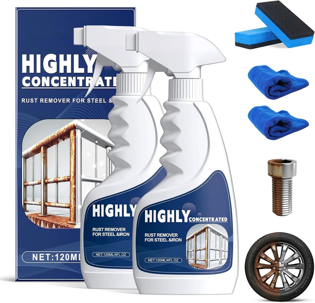 2 Pcs Rust Remover Spray for Metal, Powerful Rust Removal Heavy Duty Metal Cleaner, Multipurpose Highly Concentrated Rust Remover for Steel & Iron, Stainless Steel, Automotive Parts, Fast Acting