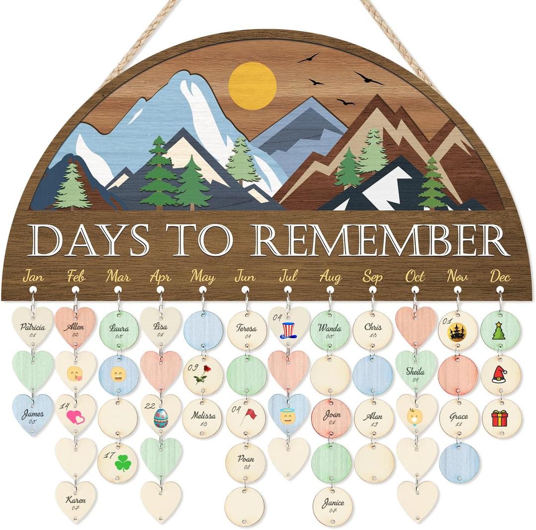 3D Days to Remember Birthday Calendar(16"x8"), Rustic Mountain Landscape Themed Birthday Reminder Tracker Wall Hanging, Farmhouse Family Birthday Chart Broad with 100 Tags for Grandma Mom Gift