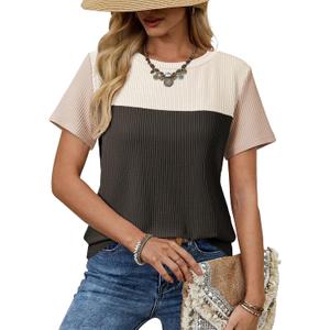 Dokotoo Womens Tops 2026 Colorblock Round Neck Short Sleeve t Shirt Spring Sweatshirts Business Casual Loose Ladies Shirts Summer Outfits for Women Trendy Black Large