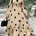 Women's Autumn Dress Long-Sleeved v-Neck Cinched Waist Elegant Large Polka Dot Long Dresses (Beige, M)