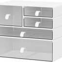 Desk Organizer Set, White & Clear Stackable Dustproof Storage Boxes for Desktop, Office, Bathroom, DIY Craft & Vertical Space Saving, Perfect for Makeup, Stationery Organization (5 Drawer)