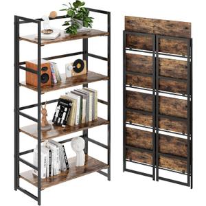BHG Vintage Multifunctional Folding Bookshelf, No-Assembly Plant Stand Storage Rack Shelves for Home Office (Fire, 4-Tier)