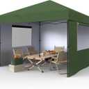 10x10 Pop Up Canopy with 3 Sidewalls - Outdoor Canopy Tent with Portable Roller Bag - One Button Push Setup, 3 Adjustable Height, 4 Weight Bags, 8 Stakes & 4 Guy Ropes Included, Green