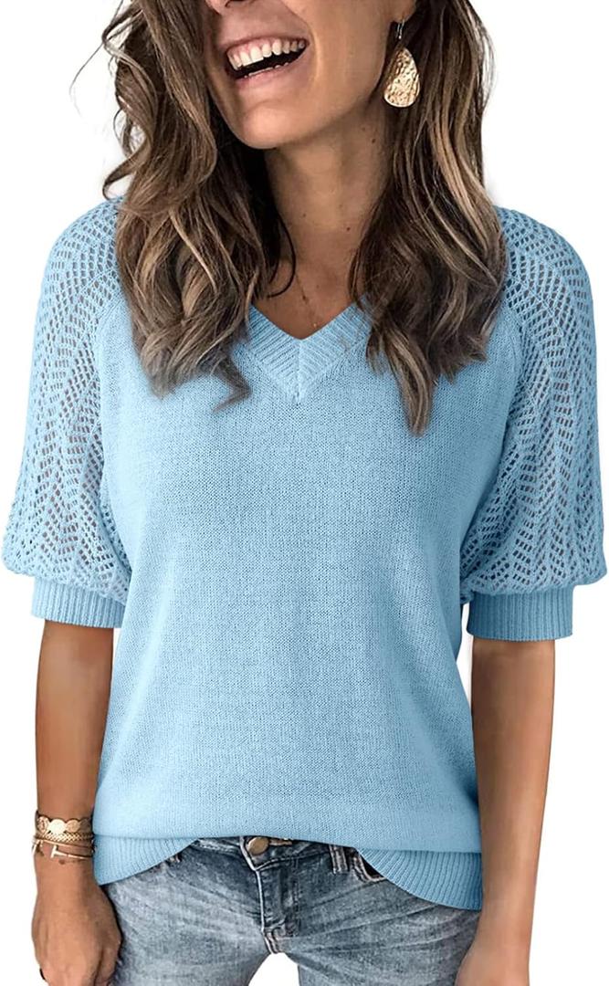 Dokotoo Women's Casual Short Sleeve Loose Crochet Tunic Tops Lightweight Knit Pullover Sweater Blouses (Blue)