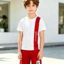 Ayzozuy Boys 2-Piece Summer Outfit Set - Side Color Block Stripe Short Sleeve T-Shirt Shorts Kid Clothes Casual Daily Wear(13-14t) (White)