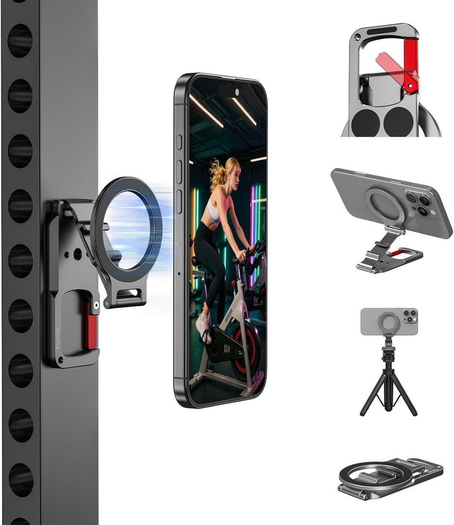 Magnetic Phone Mount for MagSafe, Maglock Tripod Adapter Magnet Golf Gym Workout Stand Metal Carabiner Dual Holder with 1/4 Screw Hole, for iPhone 16 15 14 13 12 Series Foldable Portable Accessories