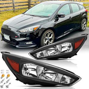 Headlights Assembly with Bulbs Compatible with 2015 2016 2017 2018 Ford Focus S/SE/ST Halogen Headlamps Replacement Driver and Passenger Side Pair,Black Housing Amber Reflector