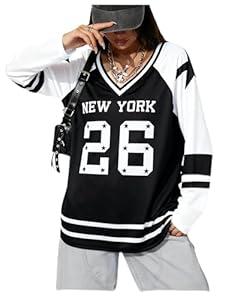 Oversized Jersey Shirts for Women - V Neck Jerseys Shirt Team Number Y2k Streetwear Long Sleeve Tops White Black, Medium
