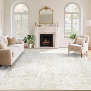 Vintage Living Room Area Rug - 9x12 Large Machine Washable Boho Moroccan Rug Distressed Farmhouse Rugs for Bedroom - Soft Non-Slip Indoor Carpet for Dining Room Office Nursery(Ivory, 9'x12')