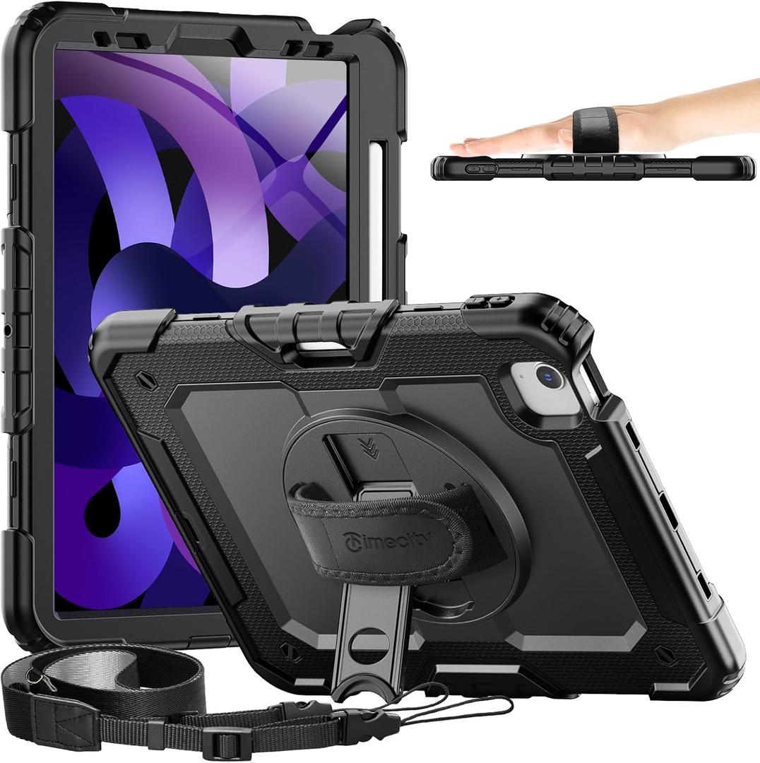 Timecity Case for iPad Air 5th Generation 2022/ for iPad Air 4th Generation 2020-10.9 inch, Durable Sturdy Protection Case with Pencil Holder Screen Protector [360 Rotating Stand] Hand Strap- Black