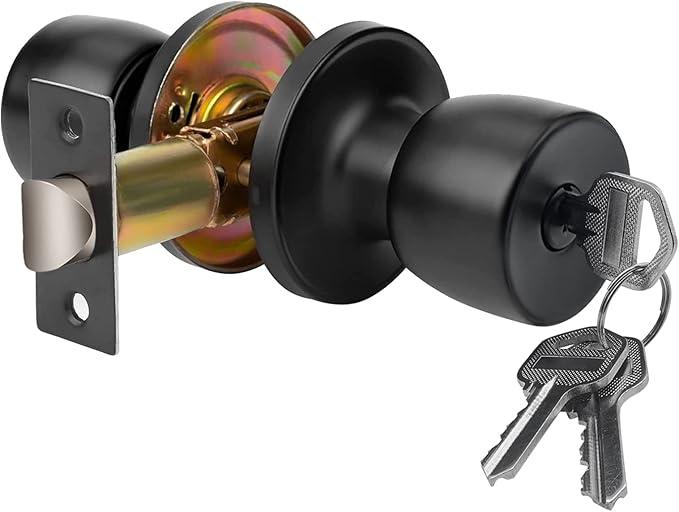 JO.KO Door Knob with Lock and Keyed, Black Matte Round Ball Lock Interior/Exterior Door Knob for Bedroom Or Bathroom/Entry Door Handle
