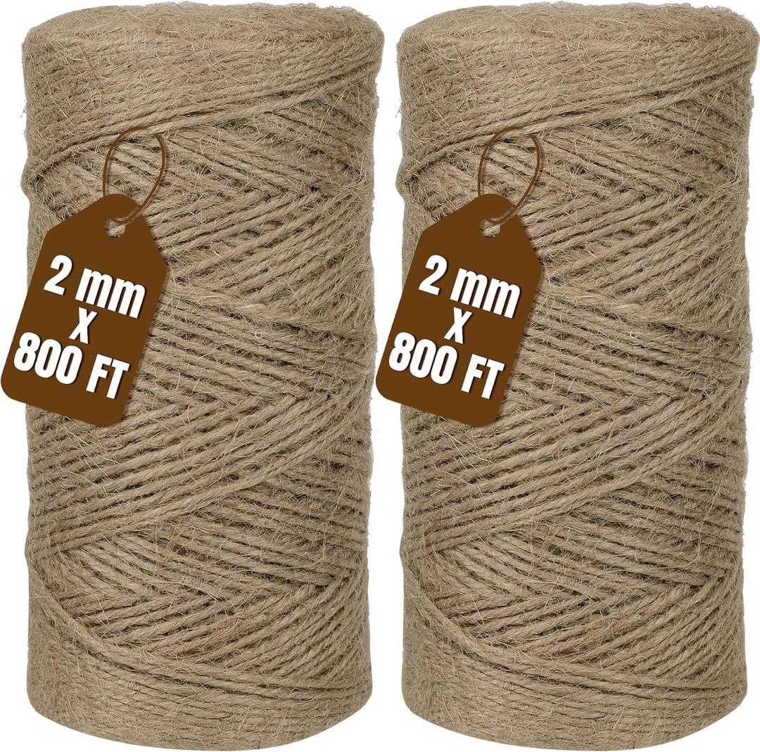 Jute Twine 2mm 1600 Feet Natural Jute Twine String for Crafting, Gardening, Gift Wrapping, Macrame, DIY Decor (2Rolls, 800Feet/Roll)