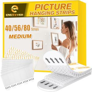 EMITEVER Picture Hanging Strips Heavy Duty, Damage Free Hanging Picture Hangers, Picture Hanging Kit, Hanging Hooks Without Nails, Medium Wall Strips Adhesive Poster Sticky White 40-Pairs (80 Strips)